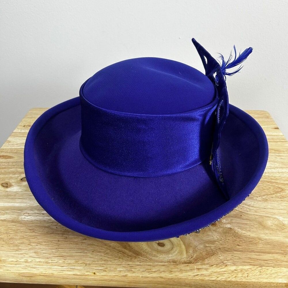 ML Studio Royal Blue Wool Felt Church Hat Beaded Feather Accent Dress Derby Hat